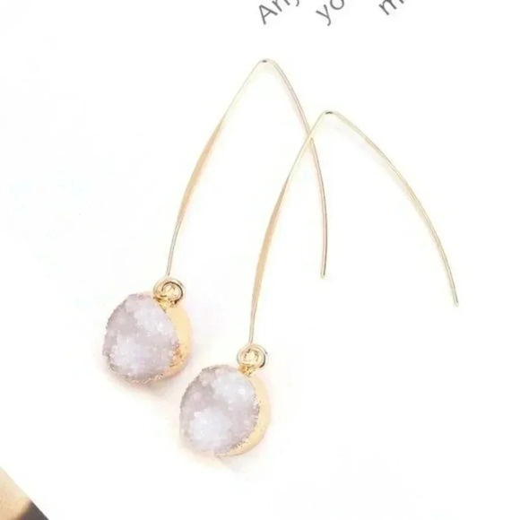 Druzy Charm Long Gold Marquise Earrings Off White - Picture 1 of 1